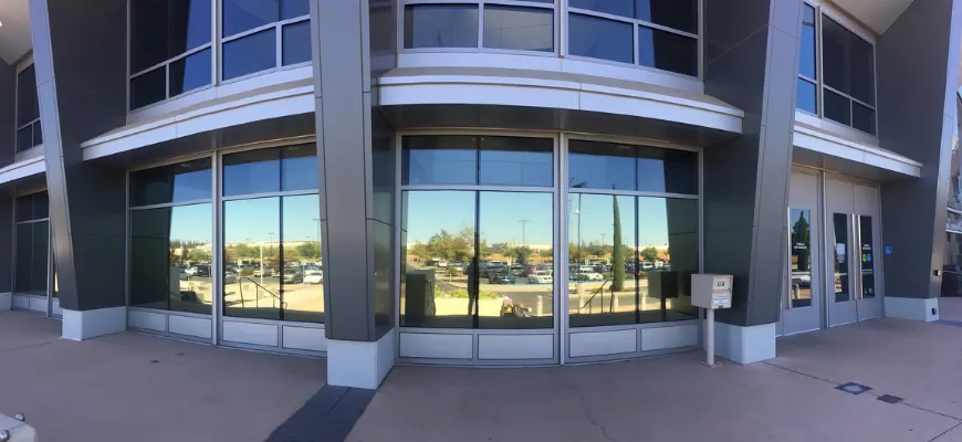 Commercial building with mirrored one way window film