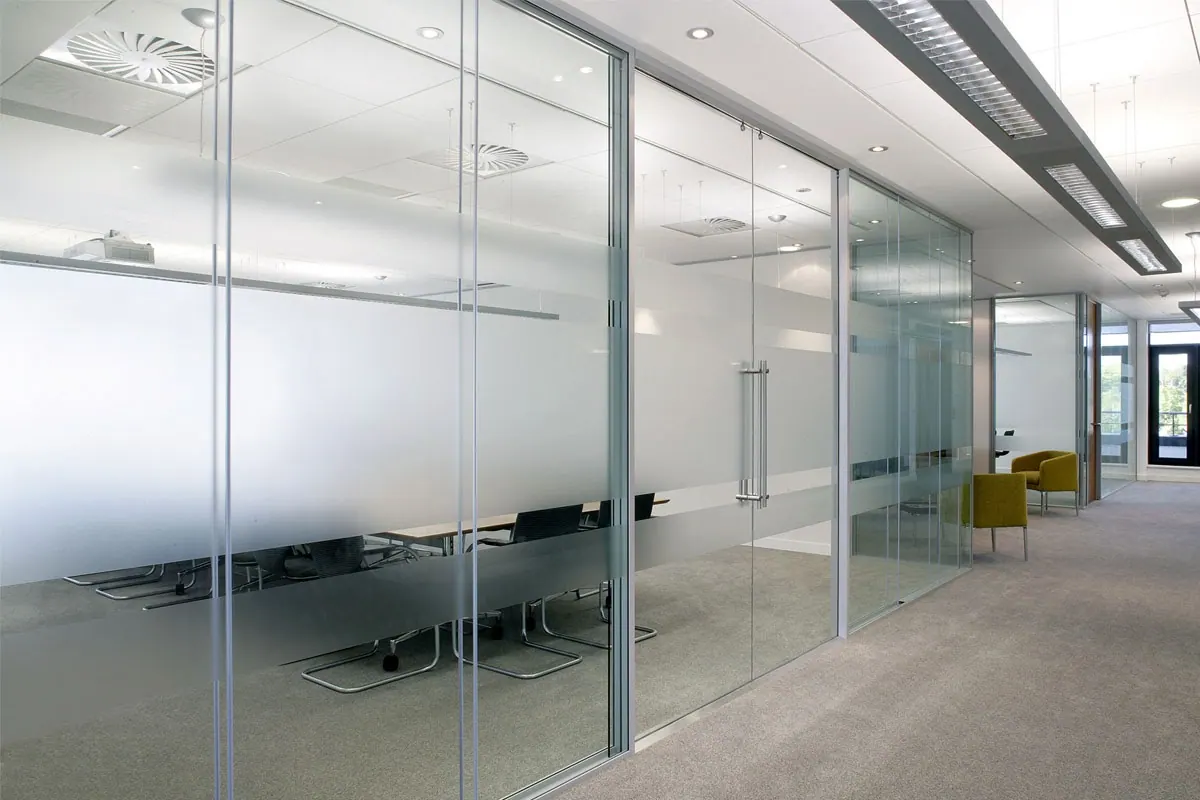Frosted window film on office glass partitions