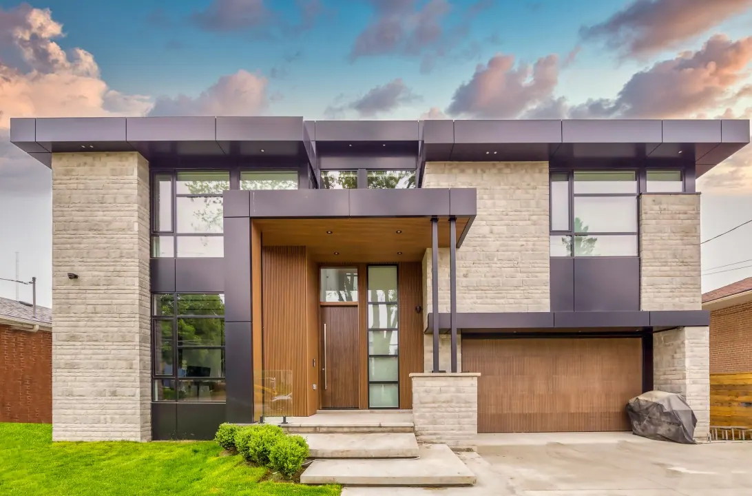 Street-facing home entrance with glass panels