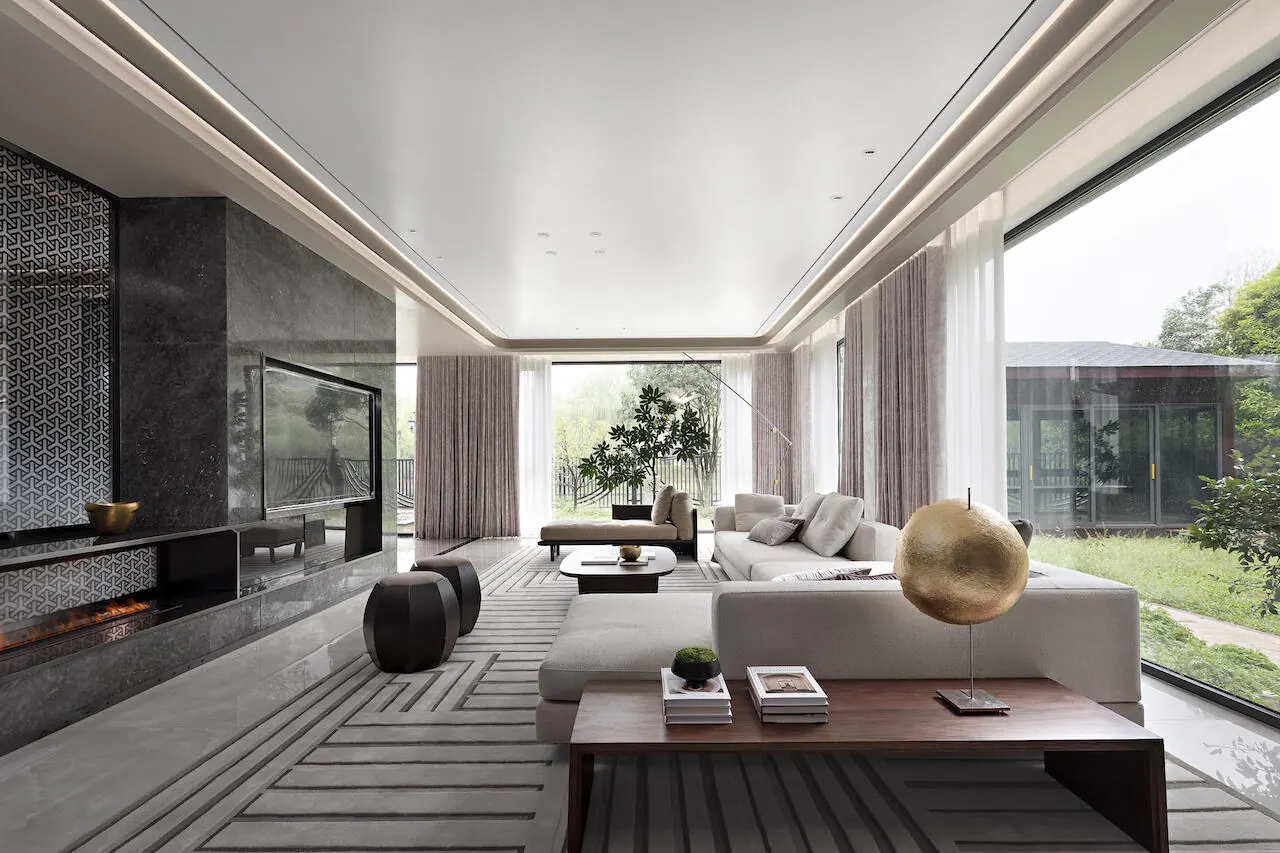 Family home interior with large windows