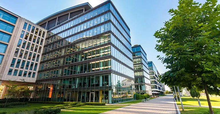 Office building windows fitted with Solar Gard Sterling window film